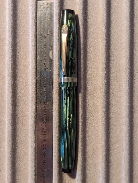 Vintage Diamond Medal Fountain Pen - Green striped celluloid, unrestored