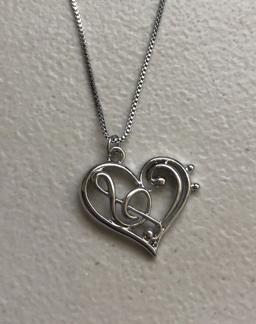 Silver Tone Music Treble & Bass Clef Heart Necklace 18 - 20” Chain NEW