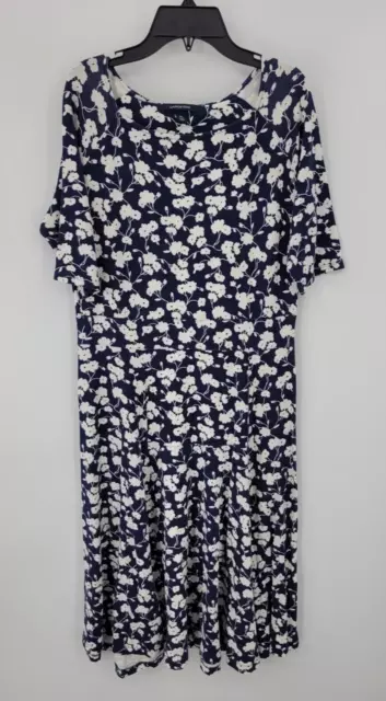 Lands End Dress Womens Medium Blue White Floral Boat Neck Maxi Stretch Knit