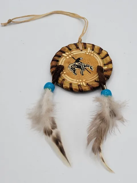 Native American Leather Dreamcatcher Ornament Hand Painted w/Feathers