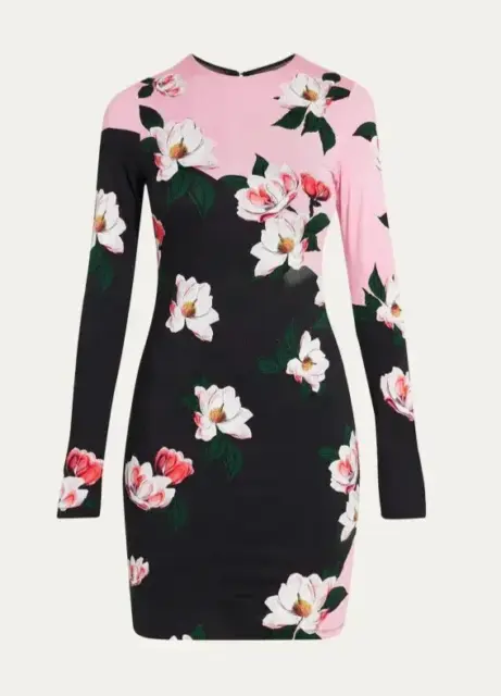 New ALICE + OLIVIA Delora Long-Sleeve Mini Dress Color Block Floral Size 6