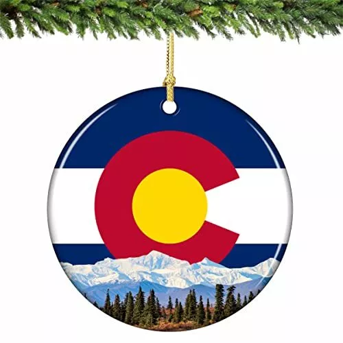 Colorado State Flag and Mountains Christmas Ornament Porcelain 2.75 Inches