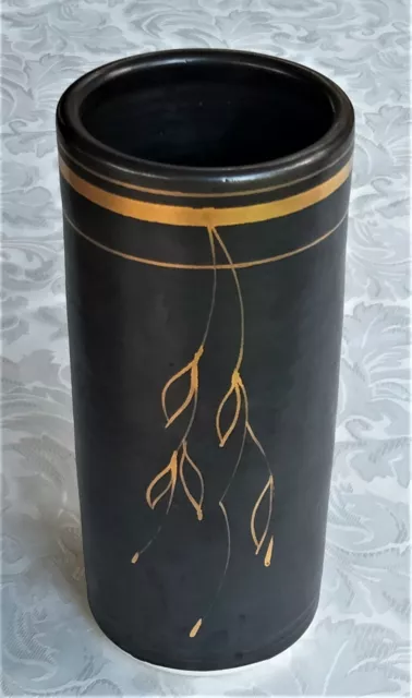 Australian Studio Pottery Vase Charcoal Glaze With Hand Painted Gold Gumleaves