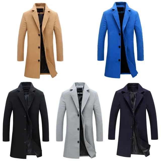 Men's Winter Trench Coat Long Jacket Lapel Neck Outwear Single Breasted Overcoat 3