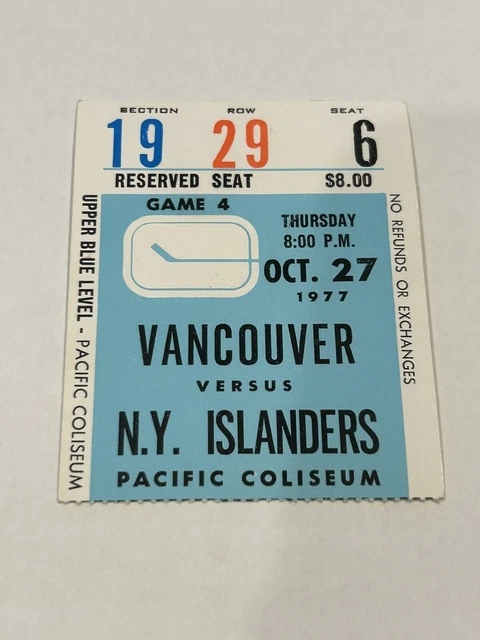 Rookie Mike Bossy Career Gm #8/ Goal #4…10/27 1977 Ny Islanders/Canucks Ticket