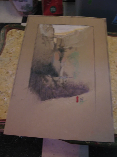 Vtg Antique Début 20th Siècle E Un Trego Charbon Dessin De Figurines En Paysage 2