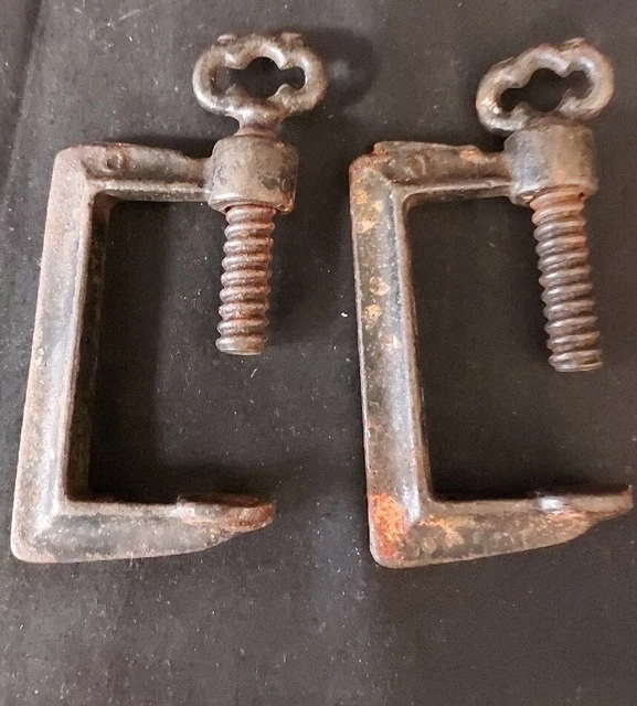 2  Antique Victorian Cast Iron Machinist Metal Worker C Clamps Tools 1880s