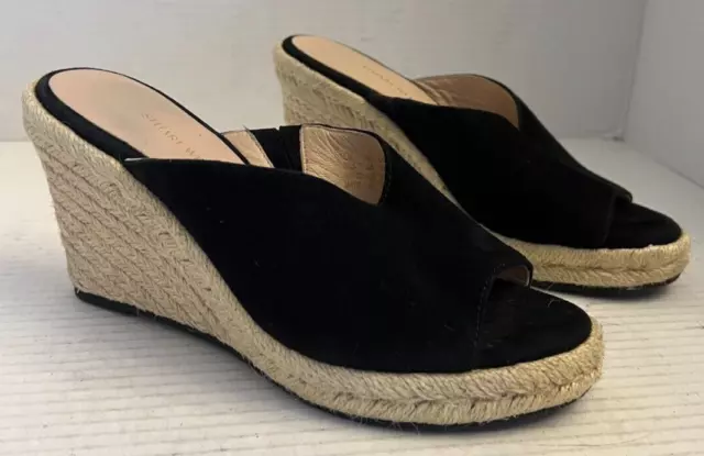 Stuart Weitzman Women 5 Black Suede Wedge Platform Sandals Shoes Espadrille Peep