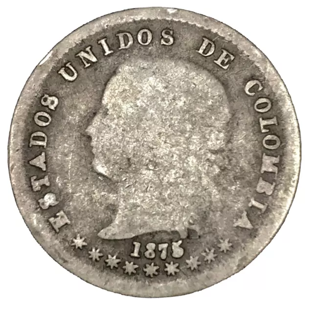 Colombia-Bogota 1875 10 Centavos Silver Coin. KM#175.1  Rare.