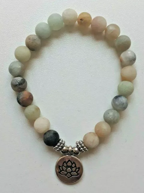 BRACELET MALA 21 PIERRES POLIES AMAZONITE + MÉDAILLON LOTUS  LITHOTHÉRAPIE 8mm 3