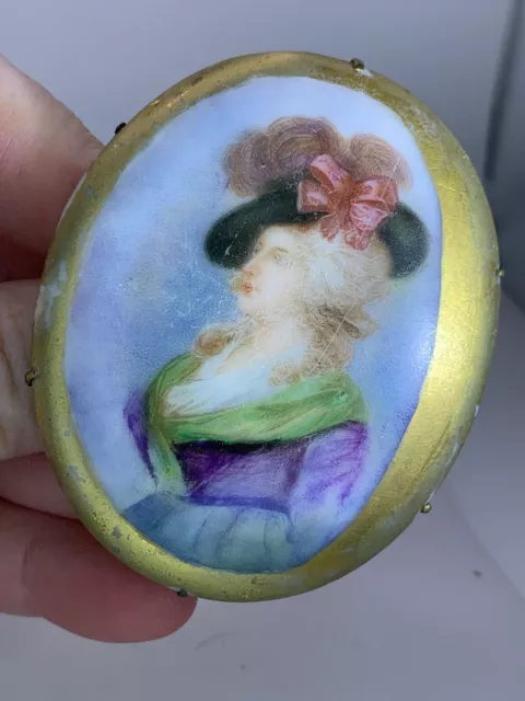 Medallion French Lady Hand Painted Vintage Very Old Porcelain Gold Brooch M-4163