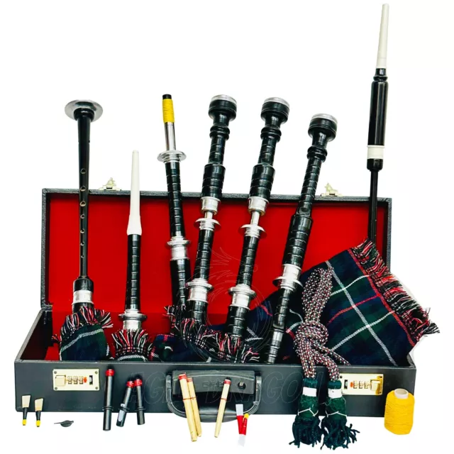 Highland Scottish Bagpipes Silver Mounts Mackenzie Tartan with Hard Case & Reeds