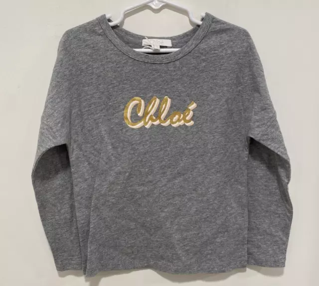 Chloe Kids Size 6 Gray Glitter Logo Cotton Long Sleeve T-Shirt Originally $106