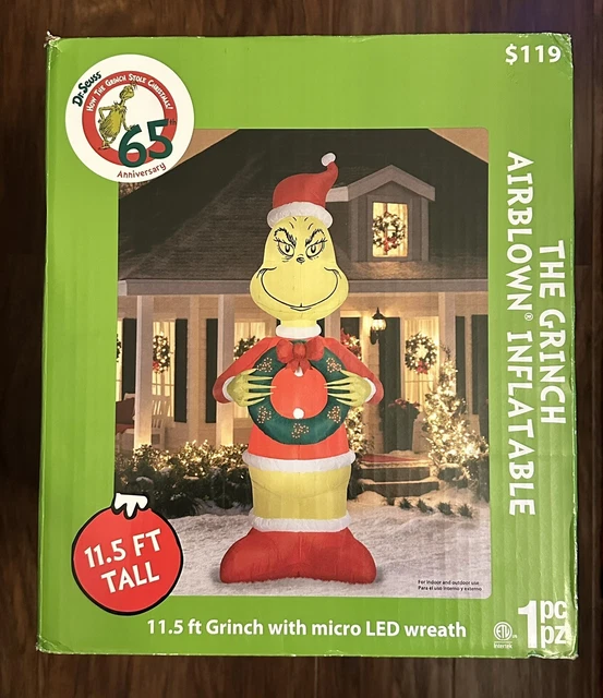 Gemmy Grinch 11.5' Tall Christmas Inflatable W/Wreath & Berries- NEW