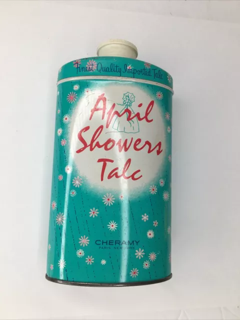 Vintage April Showers Talc Container Tin Cheramy 1950's Empty Floral USA MCM