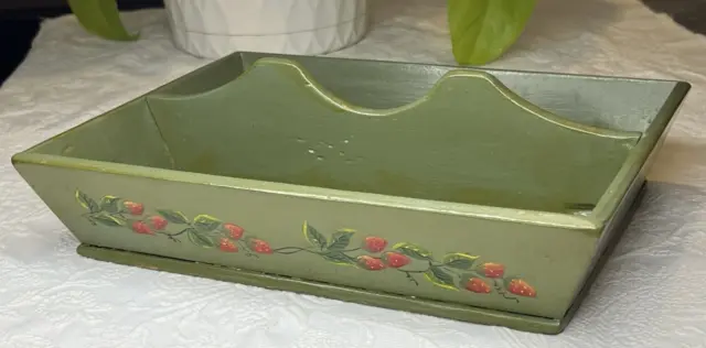 Antique Primitive Green Painted Tole Strawberry Fruit Knife Box Flatware Caddy