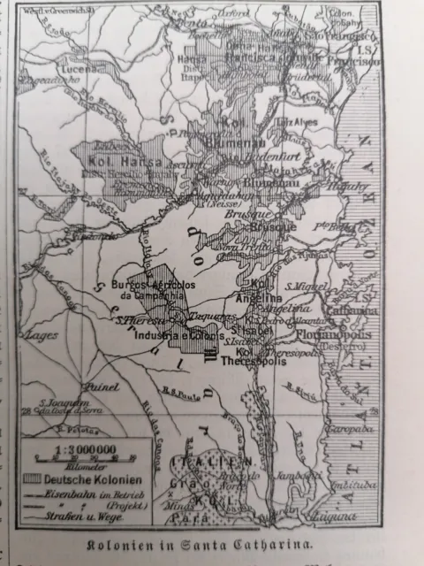 Landkarte, deutsch.Kolonien in Santa Catharina,Brasil., + Lexikontext, 1907,-303