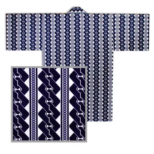 Japanse Happi Coat Yukata Kimono Robe Unisex 36" Cotton Navy Chain Made in Japan