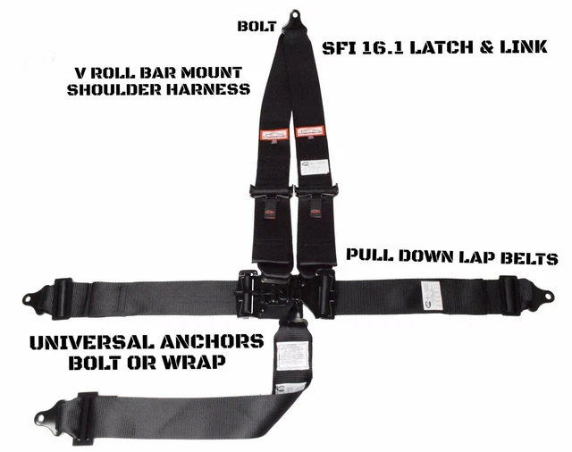 Sfi 16.1 Universal Latch & Link 5 Point V Roll Bar Mount Racing Harness Black