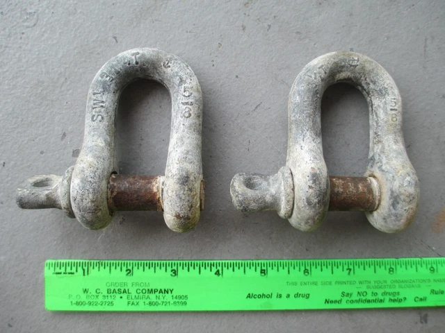 2 vintage 5/8" screw pin clevis SWL 3 1/4 T shackles, each weighing 1 lb. 5 oz.