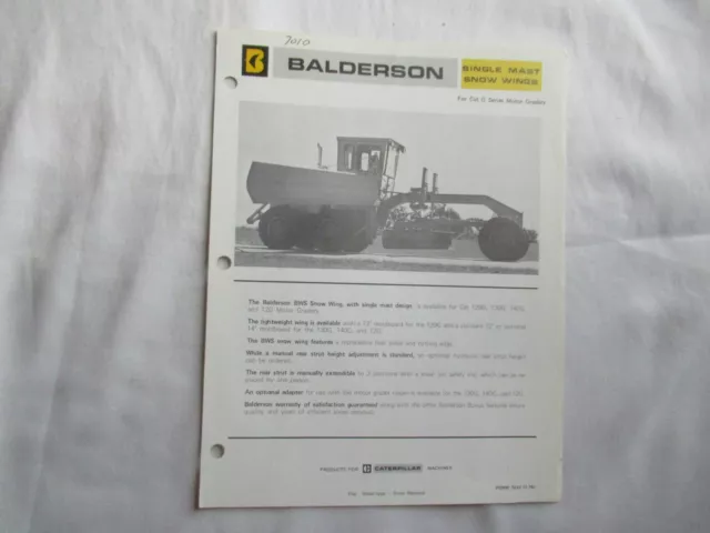 1976 Balderson wing snow plows specification sheet brochure CAT G motor grader