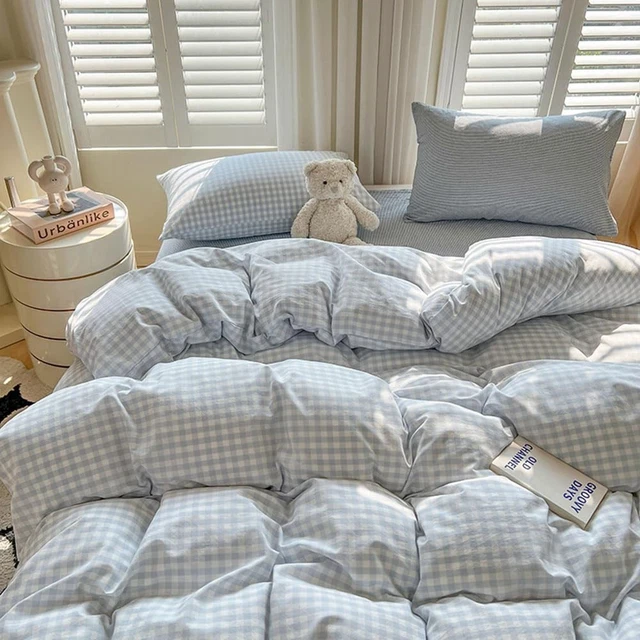 Housse De Couette Enfant 90x190 Cm - Motif Carreaux Buffalo Bleu Blanc Vichy - Microfibre Avec Taie 40x60