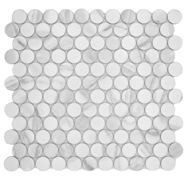 Azulejos de mosaico de cerámica botón Loop Penny Carara blanco gris mate cocina | 10 alfombras