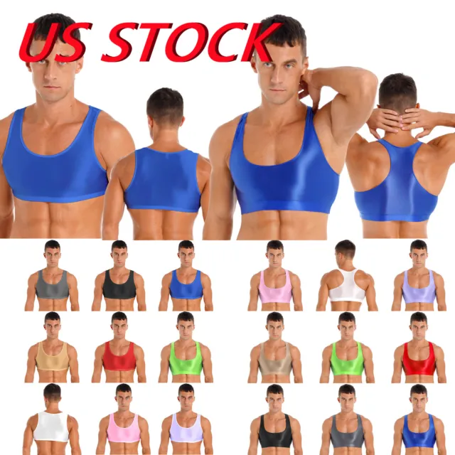 US Men Sports Bra Crop Tank Top Vest Shiny Glossy Y-Back Fitness Muscle T-Shirt