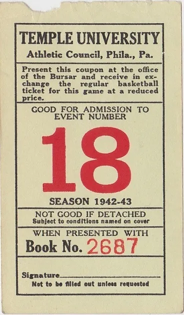Temple University 1942-43 Philadelphia PA Basketball Game Season Ticket Voucher