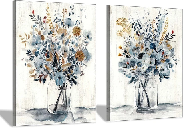 Floral Painting Canvas Wall Art: Abstract Flower Bouquet in Glass Bottle Picture