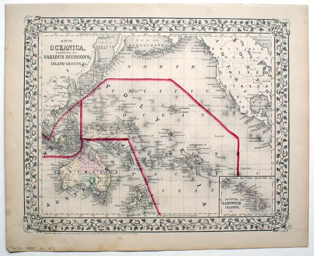 1872 "Oceanica", Australia, Polynesia, Hawaii  Mitchell Antique Hand-Colored Map