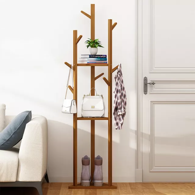 2 In1 Heavy Duty Bamboo Coat Rack Tree Stand Umbrella Bag Hat Shelf with 7 Hooks