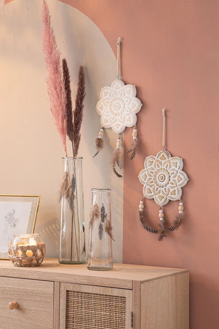Salvare Set 2x Hänger " Mandala ",2er Boho-Deko Di Bianco Gekalktem Legno,Perle