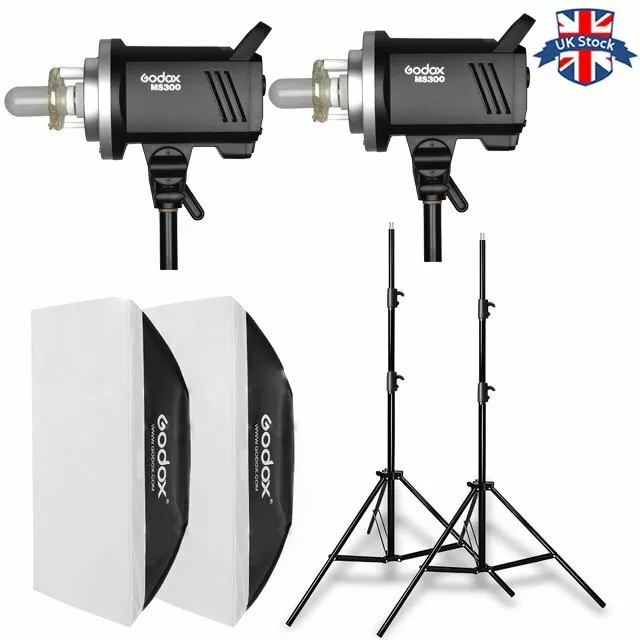 UK Godox MS300 Compact Flash 300Ws GN58 150ws Studio Lamp+Bowen sofbox 2m stand