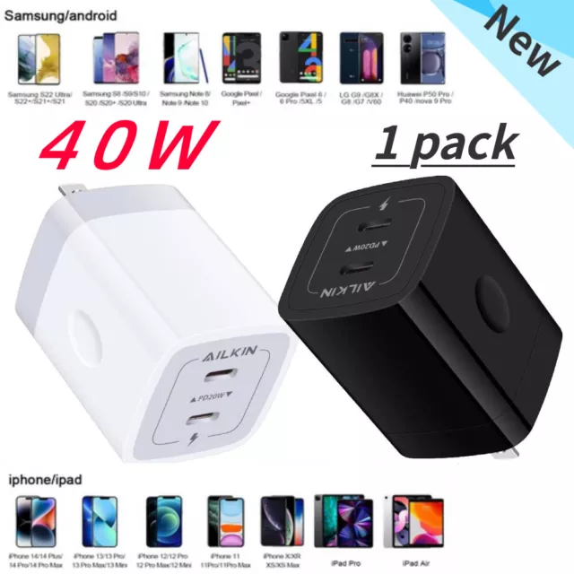 40W Fast Dual Ports USB Type-C PD Wall Charger Power Adapter for iPhone Samsung