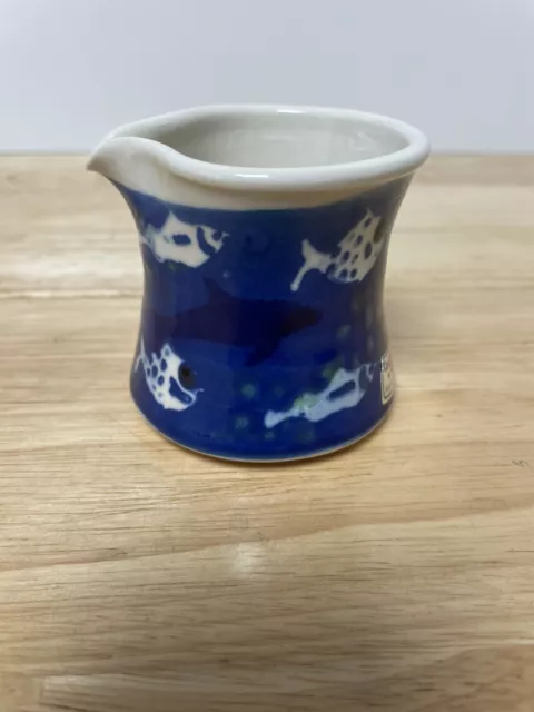 Vtg Courtmacsherry Ceramics Small Creamer Irish Pottery Blue Glaze Fish Design 3