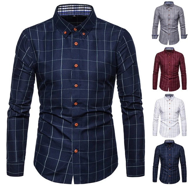 Camicie eleganti da uomo a maniche lunghe a quadretti con risvolto top con botto