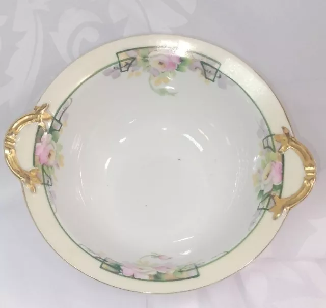 Nippon Handled  Bowl Gold Rim W/Roses Hand Painted