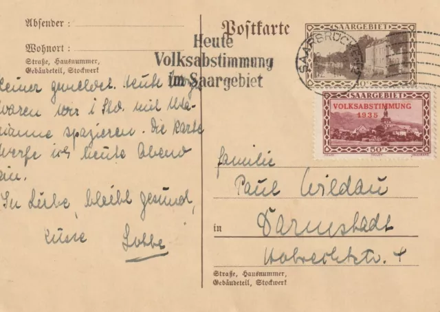 Saargebiet 13.1.1935 PK Ganzsache + Zusatz Volksabstimmung Saarbrücken Darmstadt