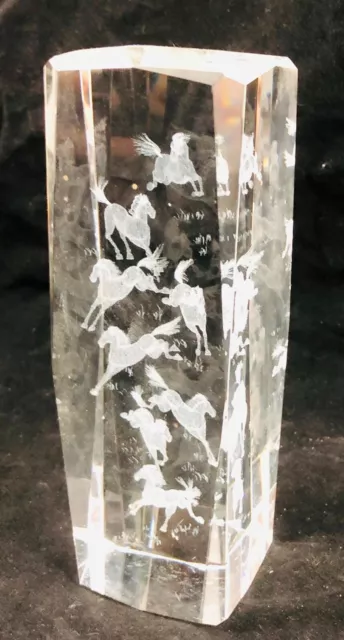 3d effect laser etched crystal horses column shaped paperweight 14.5cm