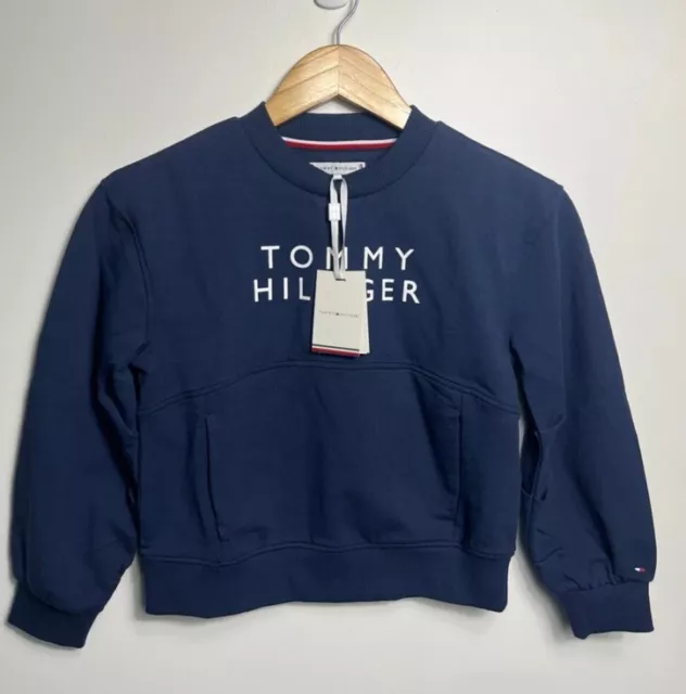 NEW WITH TAGS! Tommy Hilfiger Girls 8 Navy Blue Logo Jumper With Pockets Sweater