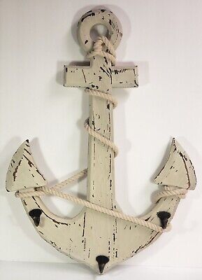 24" Wood Rope Anchor 3 Iron Hooks Wall Mount Nautical Home Cabin Decor