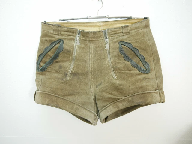 Echt Vintage kurze Pfadfinder Lederhose Doppelzip stark speckig grau Gr.46