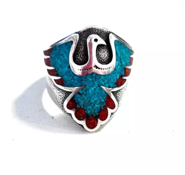 Indianer Silberring Adler Mosaik Türkis Koralle 925er Sterling Silber Ring Gr.63