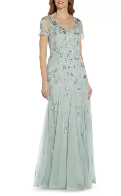 Adrianna Papell Embellished V Neck Beaded Gown Maxi Dress In Aqua Sz: 8