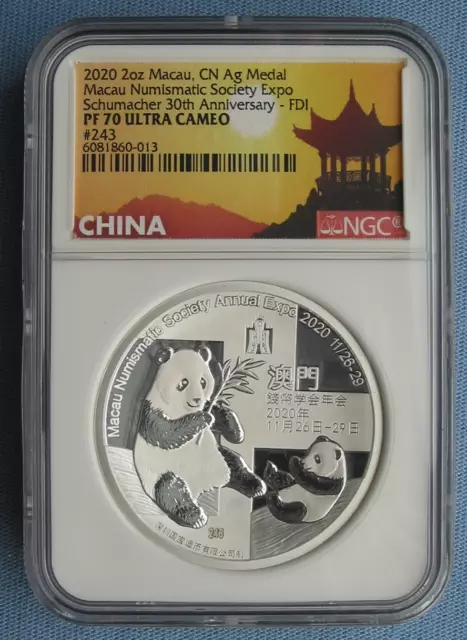 2020 Macau Numismatic Society Expo China 2oz Silver Panda Medal NGC PF70 FDI