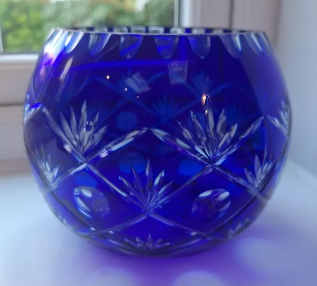 Blue Bohemia Lead Crystal Cut To Clear Cobalt 7” Etch Rose Bowl