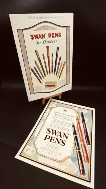 Swan Pens FULL PAGE COLOUR Punch 1927 - TWO ORIGINAL ADVERTS - Fountain Pen Fan