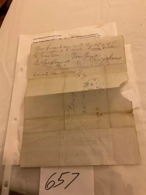 657 Iowa Notable Pioneer George W Jones 1851 Signed Letter Fought  Blackhawk War