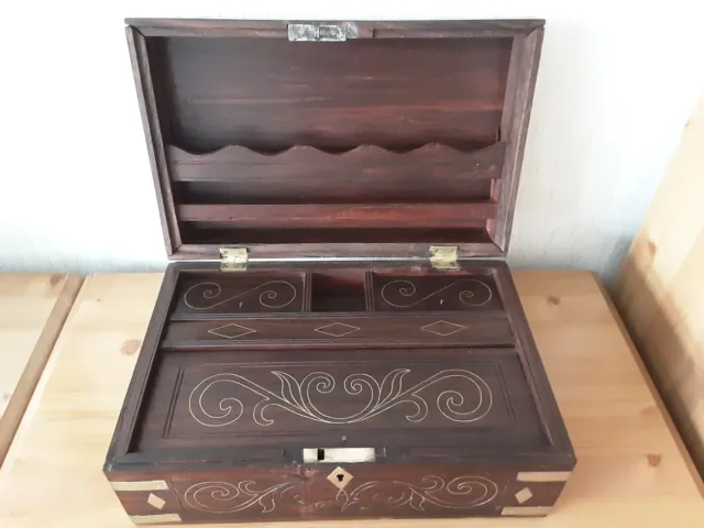 Vintage Wooden Stationery Writing Box With Brass Detailing